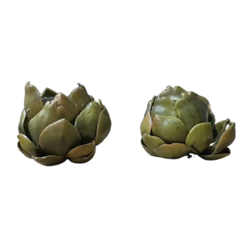 Set of 2 Green‎ Resin Artichoke Candle Holders Vegetable Goblincore Cottagecore